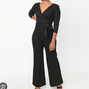 Unique Vintage Size 1X Black Knit Puffy Full Sleeve Wide Flare Leg Jumpsuit